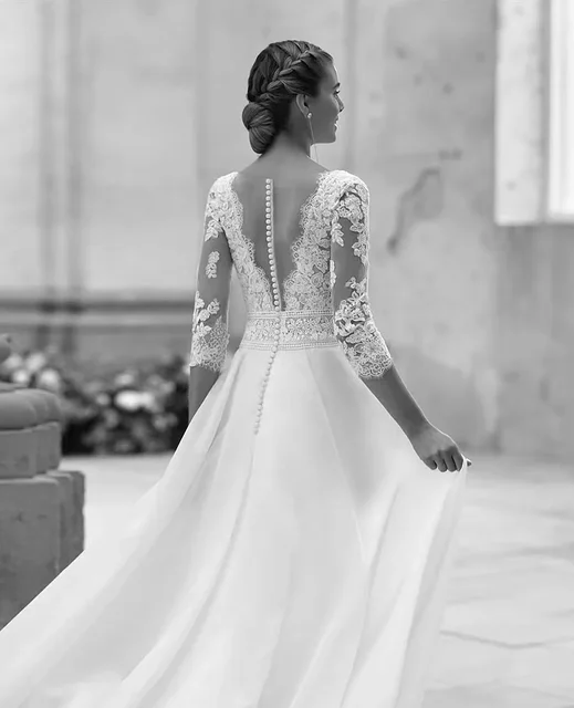 Flavinke مخصص أنيق المرأة الخامس الرقبة فساتين الزفاف الدانتيل زين بأكمام طويلة الأميرة ألف خط زي العرائس حفلة رسمية 2