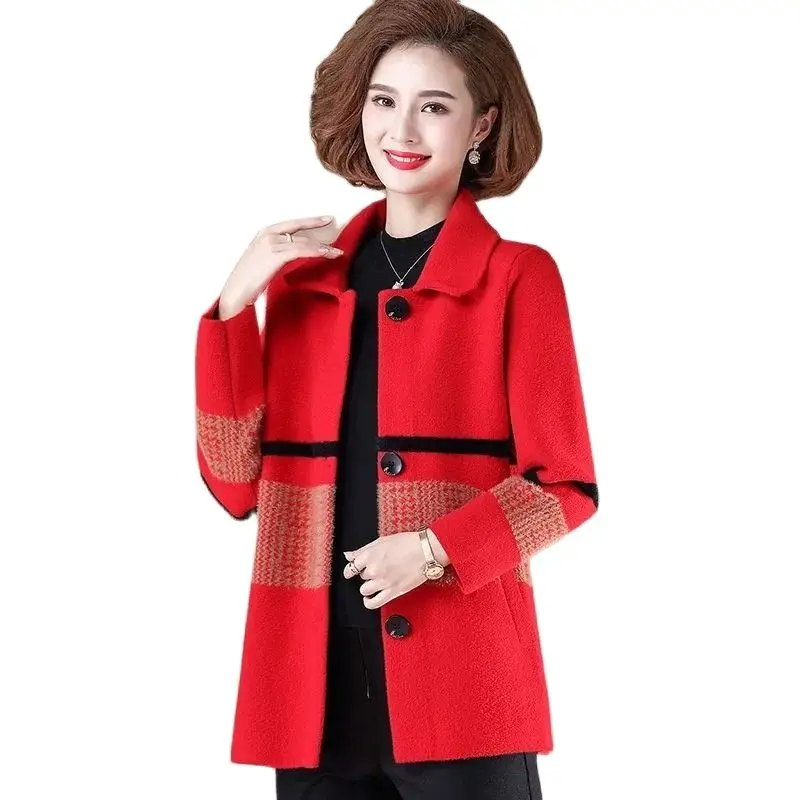 

New 2023 Middle-Aged Elderly Women's Coat Knitting Cardigan Spring Autumn Single-Breasted Color Matching Woolen Ladies Jacket