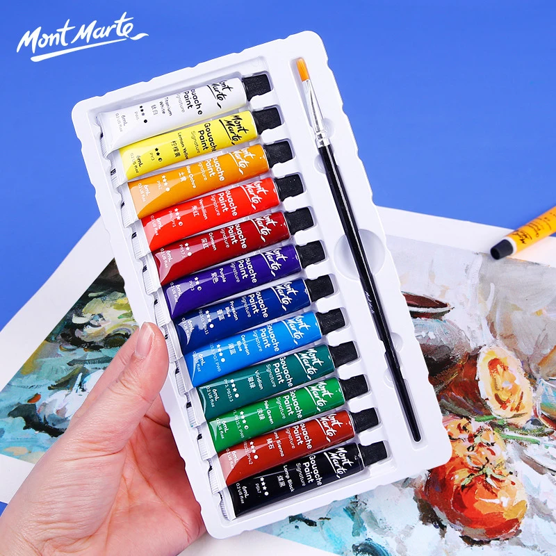 Mont Marte Gouache Paint Set 12/18/24 Colors 6ml/12ml Tubes Non-Toxic Watercolor Paint For Canvas and Paper Beginners, Students