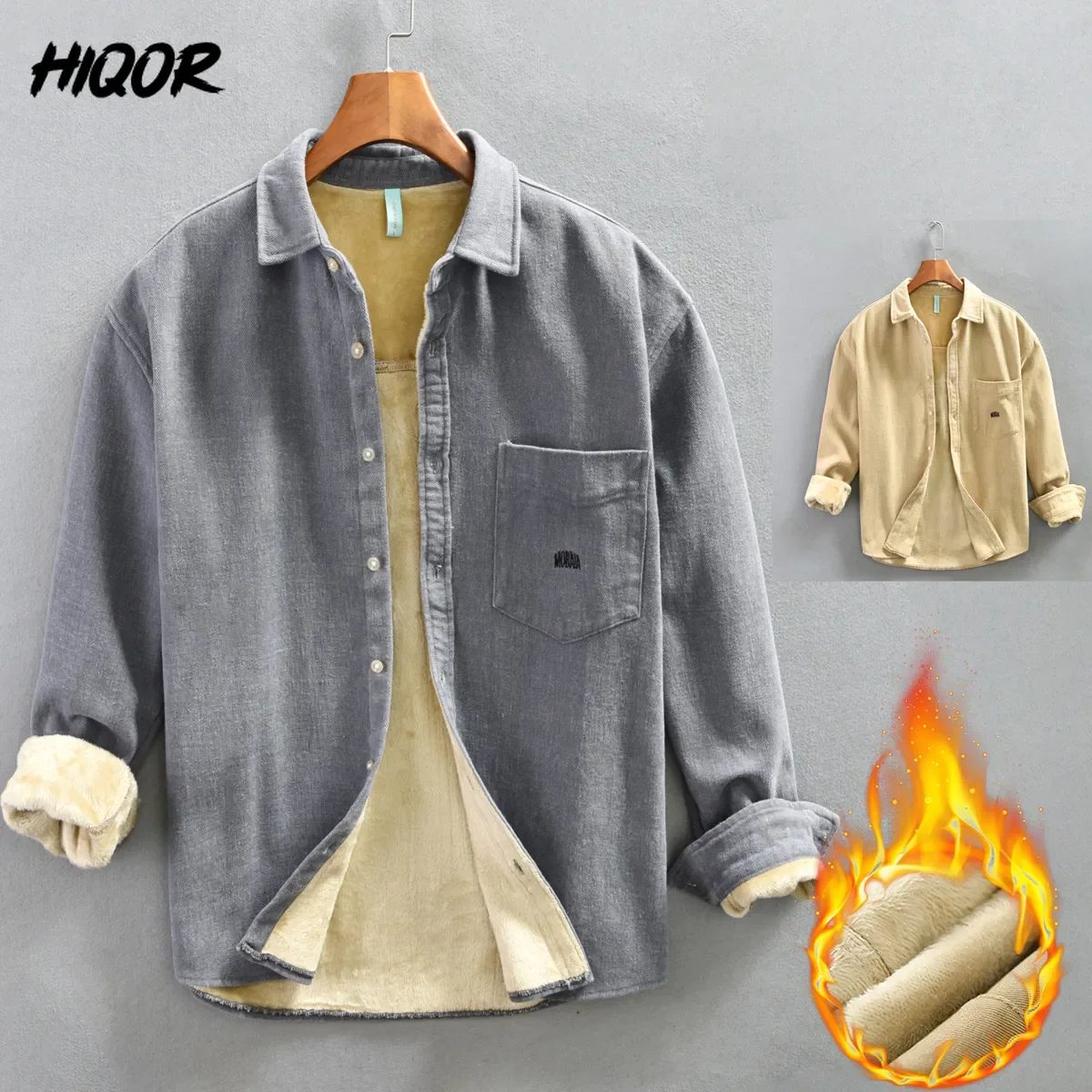 

HIQOR Men Winter Fleece Thicken Shirts Solid Cotton Warm Shirt Coat Long Sleeve Streetwear Man Coats Y2k Vintage Men's Clothing