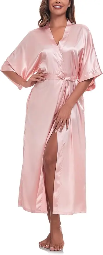 Women's Satin Robe Belted Elegant Solid Color Silky Comfort Bathrobe Loungewear 5