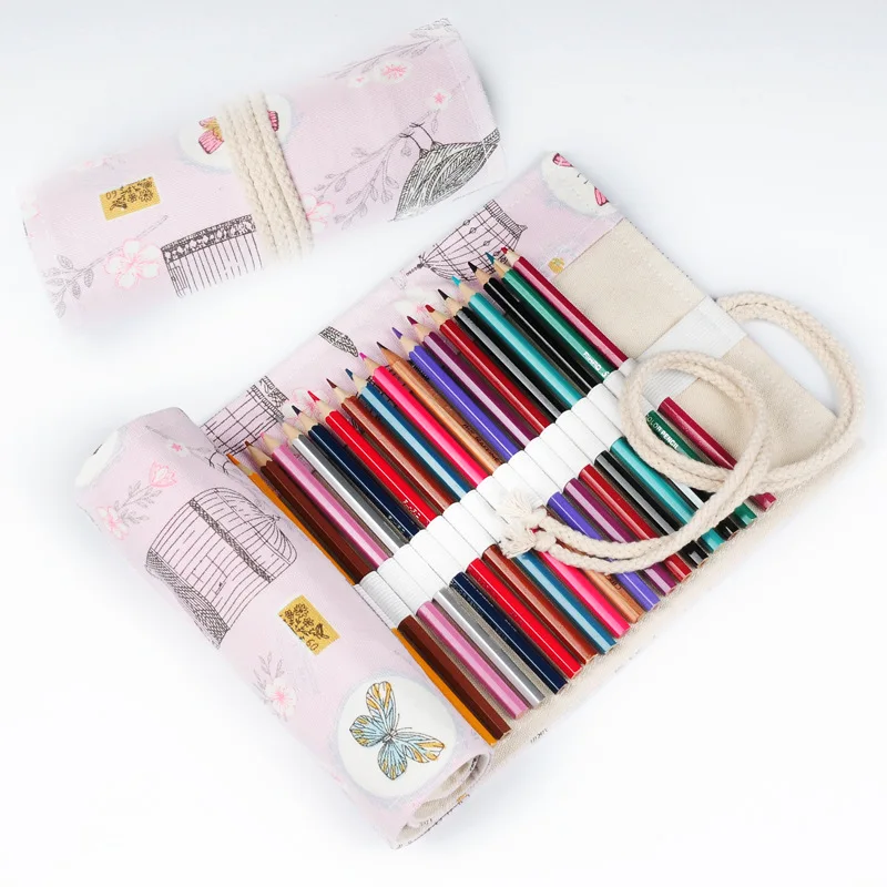 24/36/48/72 Holes Bird Canvas Roll Up Colored Pencil Cases Pencil Wrap Makeup Brush Holder Storage Pouch School Supplies