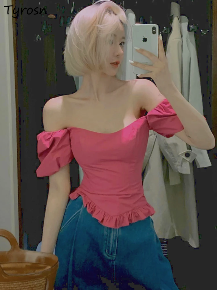 

Blouses Women Slim Sexy Sweet Design Crop Ruffles Casual All-match Daily Slash Neck Korean Style Hot Girls Stylish Simple Pure