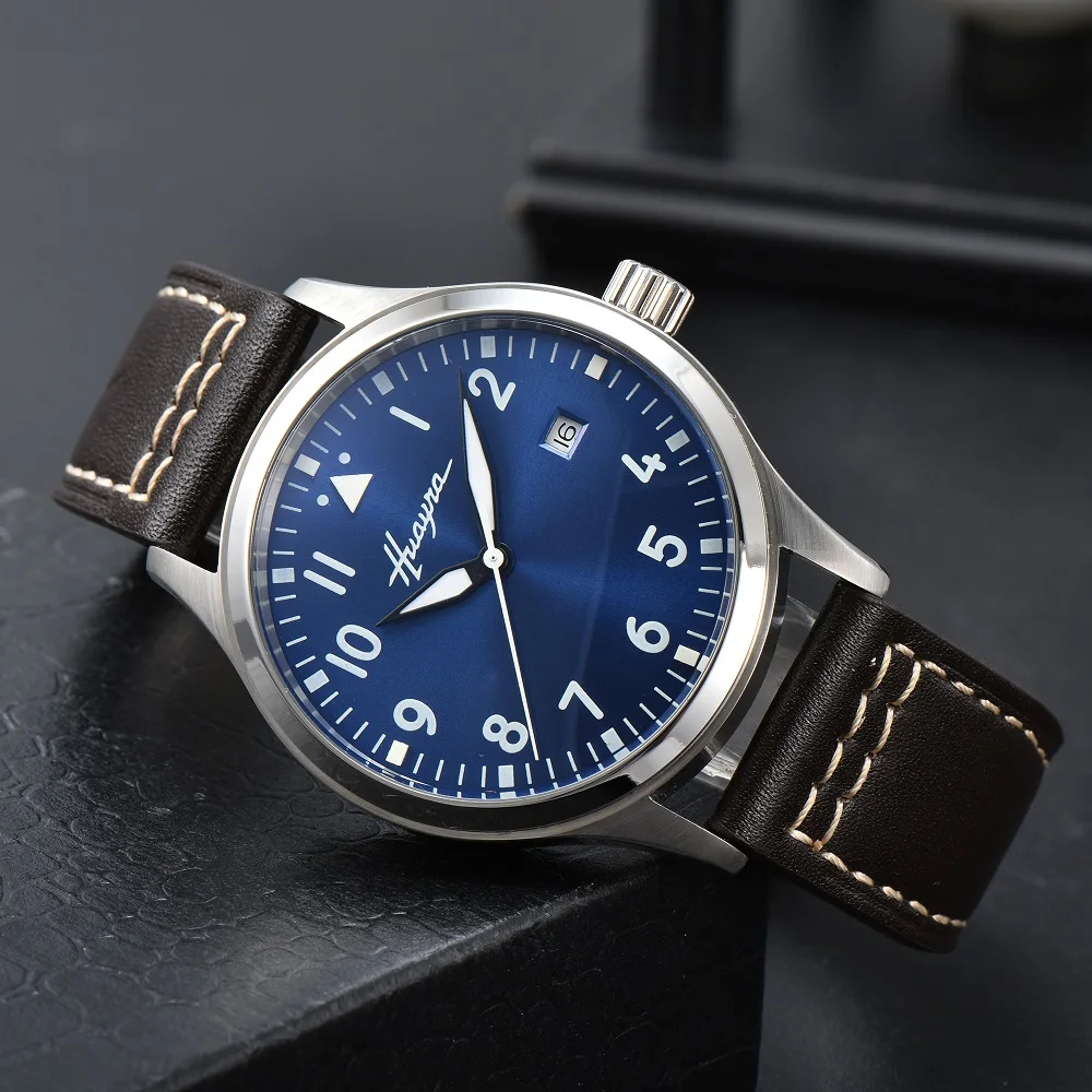 HUAYRA New Blue Dial Men's ST16 Mechanical Automatic Flight Watch Leather Brown Black 40MM Stainless Steel Watch Date