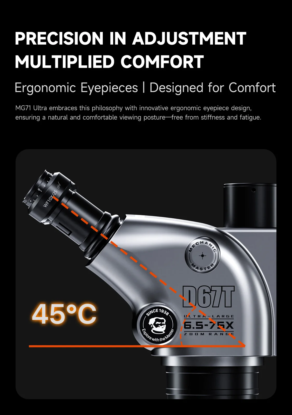 MECHANIC D67T-B11 삼안 스테레오 현미경 6.5X-75X 줌 112mm 작업 거리 초광각 접안렌즈 수리용