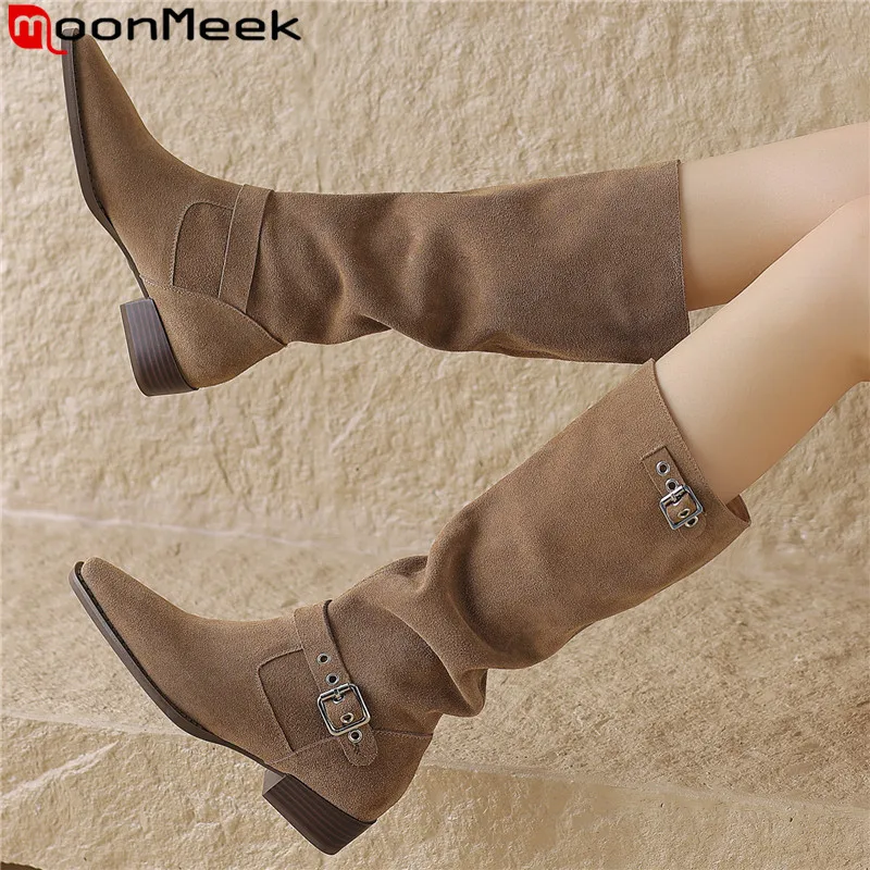 

MoonMeek New Cow Suede Leather Winter Western Boots 2023 Square Med Heels Women's Boots Cool Female Slip On Knee High Boots