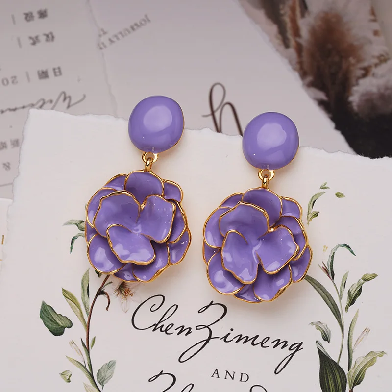 

Enamel Earrings Women Vintage Purple Flower Stud Earrings Graceful Earrings