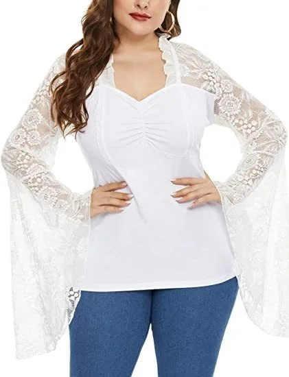 Plus Size Women Blouse Retro Lace Flared Sleeve T-shirt Fashion Casual Solid Color Long Sleeve Tops Elegant Large Size Shirts