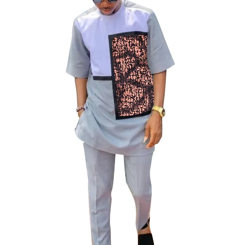 Light Gray Men's Set Patchwork Shirt With Pant Male Nigerian Fashion Outfit African Wedding Party Garments