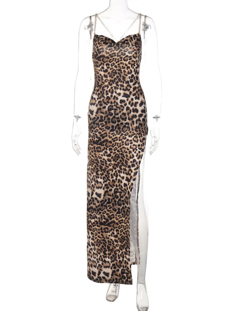 Leopard Print Women Chain Strap Side Slit Maxi Dress Backless Bodycon Sexy Streetwear Festival 2025 Evening Elegant