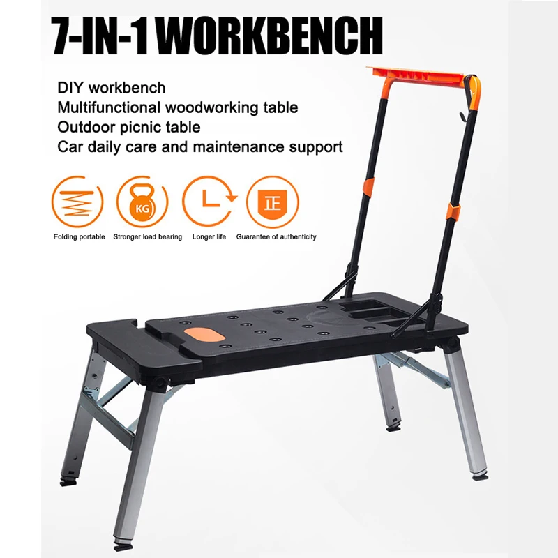 7-In-1 Multifunctional Workbench DIY Woodworking Table Portable Folding Trolley with Wheels - Workshop Tool Outing Handcart