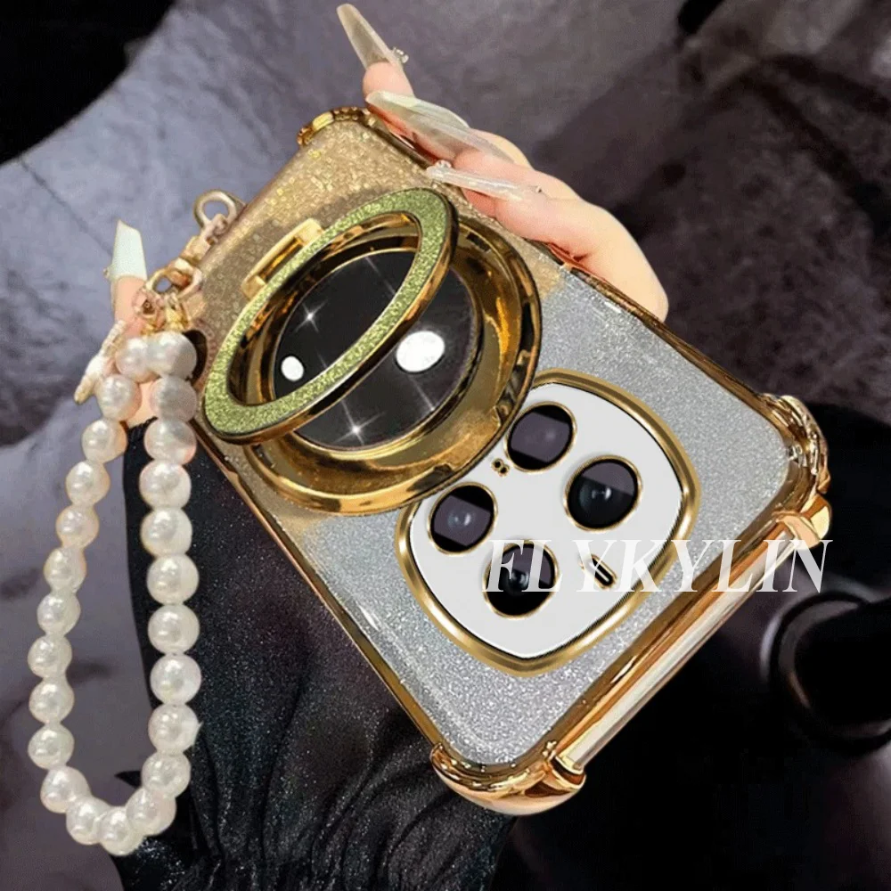 Enhanced Flashing Anti-Drop Phone Case with Makeup Mirror Holder and Pearl Chain