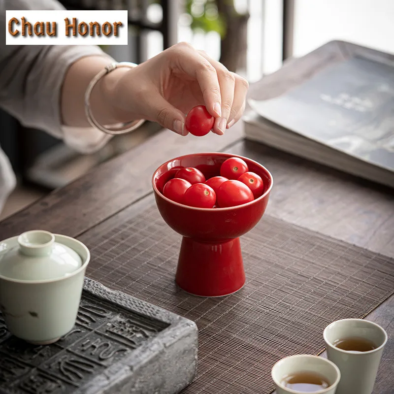 Ceramic Plate Tall Feet Fruit Plate Round Salad Bowl Dessert Cake Pan Snack Tray Decorative Plates Tableware Display Stand Gift