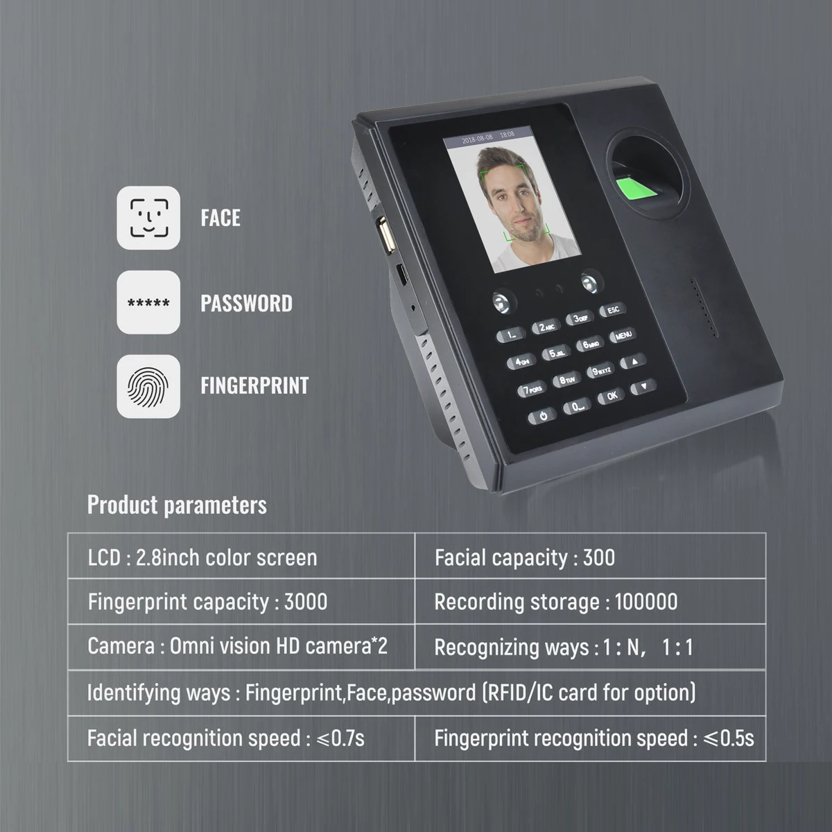 AF16 facial and fingerprint attendance Biometric Facial Recognition Machine Password Time Clock Voice Broadcast