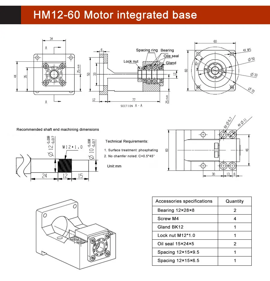Integrierte Basishalterung aus Aluminiumlegierungsmaterial, Modell HM12-57/HM12-60, kompatibel mit SFU1604 Nema23/Nema24 Schritt-Servomotor – Detail 10