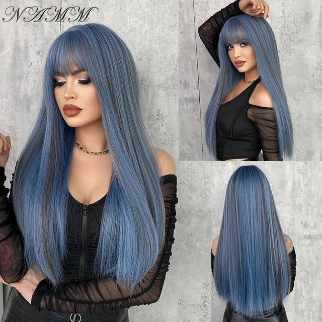 NAMM Fashion Women Synthetic Wigs with Bangs Mermaid Blue Color Long Straight Wigs Cosplay Fake Hair Natural Heat Resistant Wigs 1