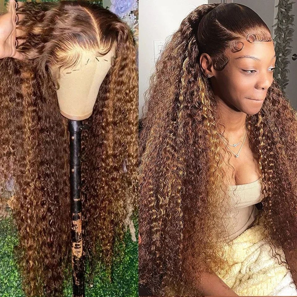 34Inch 13x4 Highlight Deep Wave Wig Human Hair 13X4 Lace Frontal Wig 4/27 Deep Wave Human Hair Wigs 5x5 Glueless Wig 200 Density 3