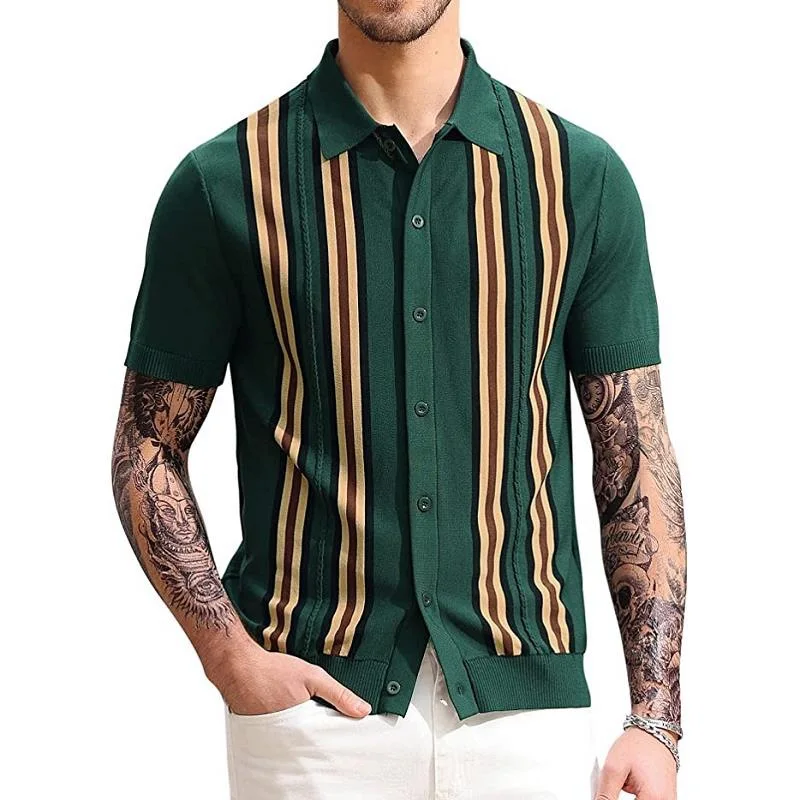 Men's Summer Green Striped Short Sleeve Slim Business Polo Sweater