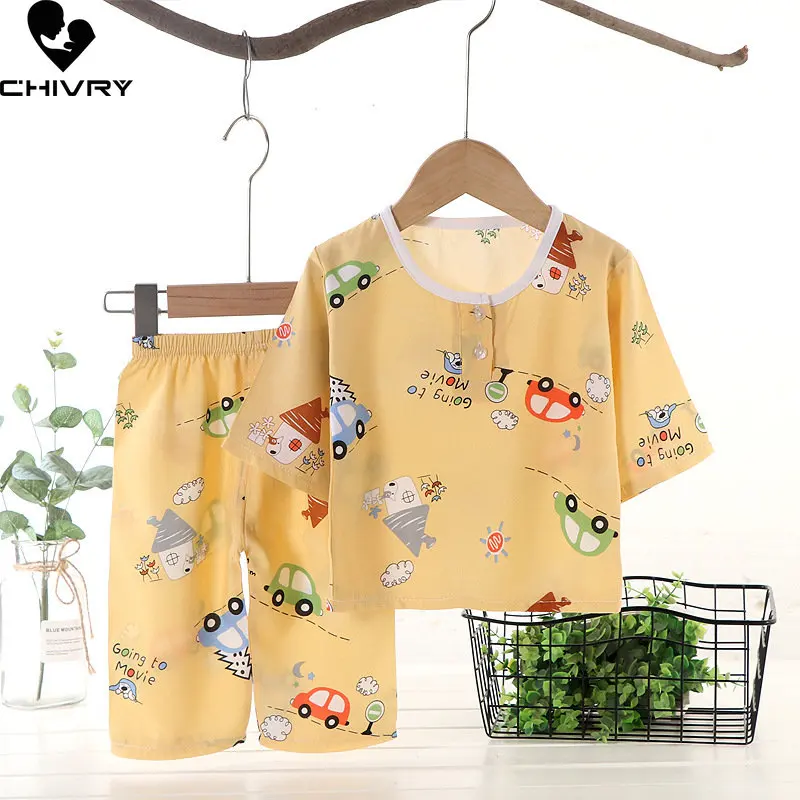 Kids Boys Girl Pajamas New 2023 Summer Thin Cute Cartoon Three-quarter Sleeve O-Neck Pyjamas Homewear Baby Sleeping Clothing Set