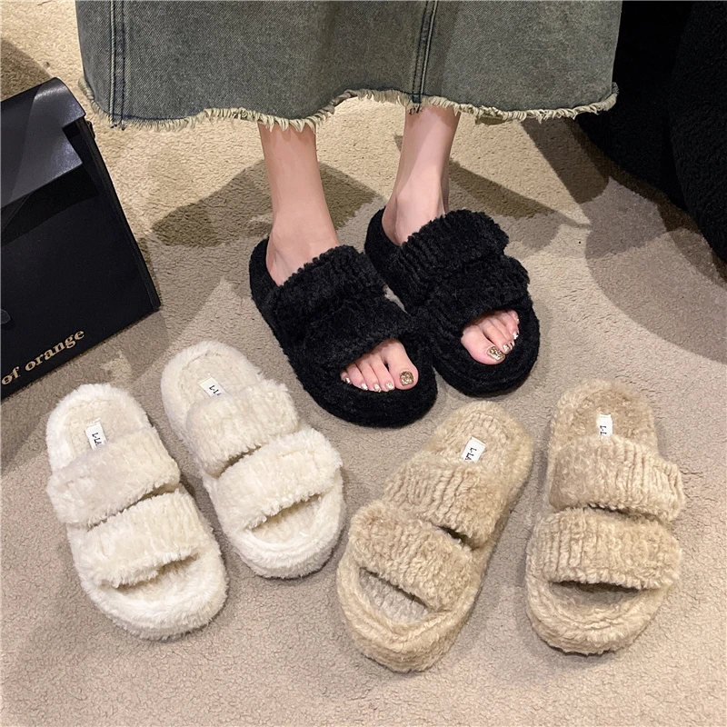 Winter Plus Size Warm Slippers Women Fashion Fluffy Fur Home Slides Platform Flat Indoor Floor Flip Flops Ladies Shoes