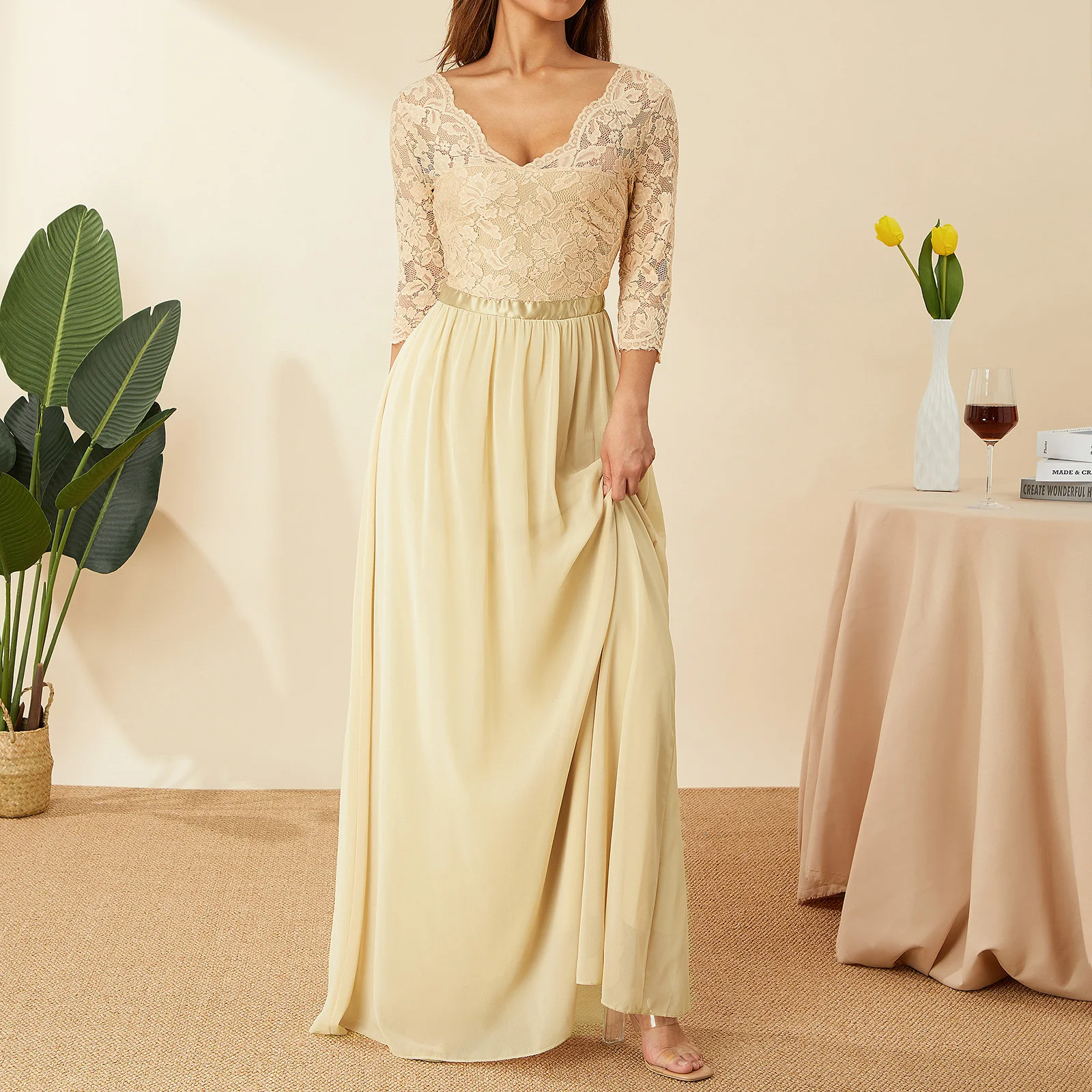 Elegant A-Line Lace Short Sleeves Chiffon Long Grandmother Of The Bride Dresses Side Slit