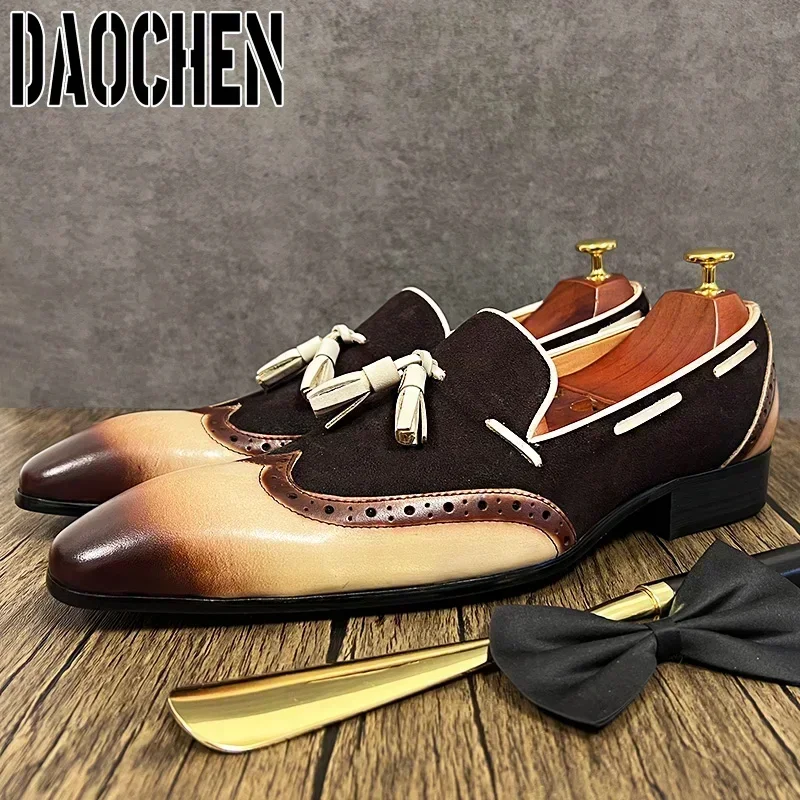 Italian Men Loafers Shoes Black Brown Mixed Color Wingtip Suede Casual Mens Dress Shoes Wedding Office Leather Shoes Men 4