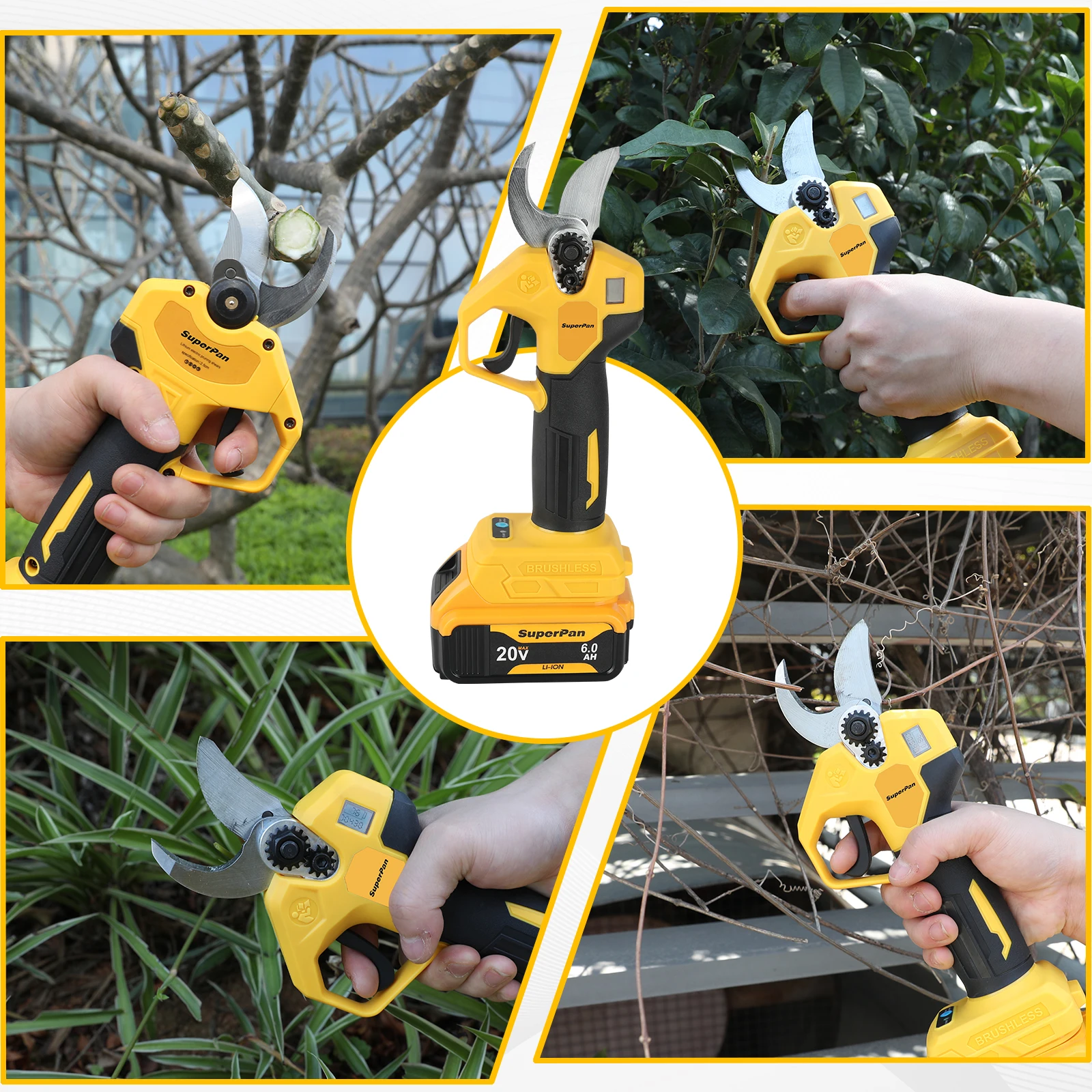 슈퍼팬 배터리 전정가위, 미끄럼 방지 손잡이, 대나무 전정용 2.5cm 절단, 디월트 20V 배터리 핀 호환