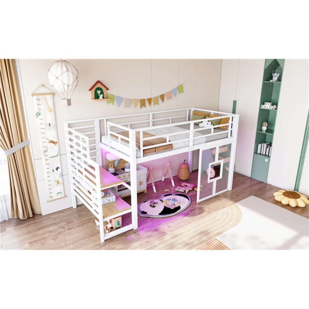90x200cm Metall-Hochbettgestell mit Treppe, Stauraum, Babybett mit LED-Beleuchtung und Fenstern, Kinder-Etagenbett, Schwarz/Weiß – Detail 38