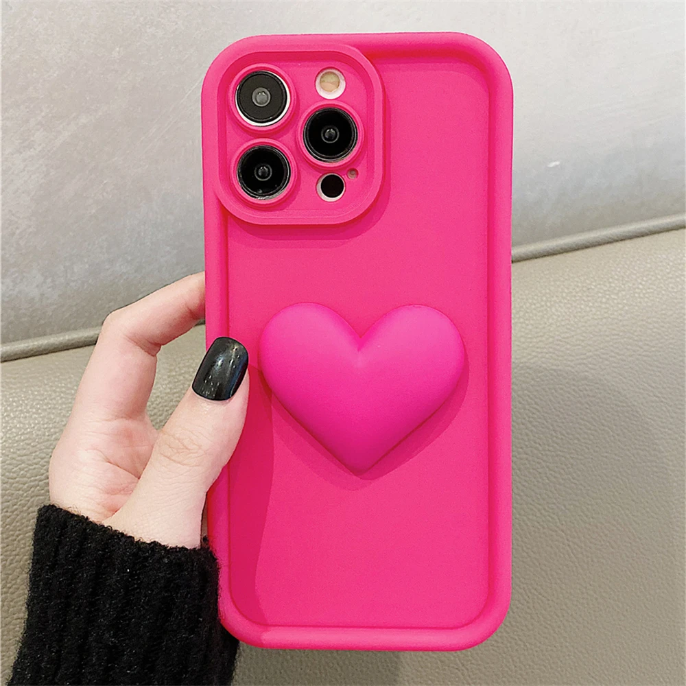 Korean Cute 3D Love Heart Lovely Hot Pink Girl Silicone Soft Case