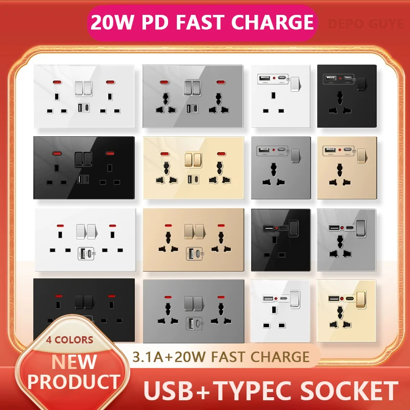 Universal 20W Type-C Wall Quick Charge SOCKET,Dual SWITCH Control Universal Power Outlet,สีขาว UK มาตรฐาน USB ซ็อกเก็ตอินเทอร์เฟซ 1