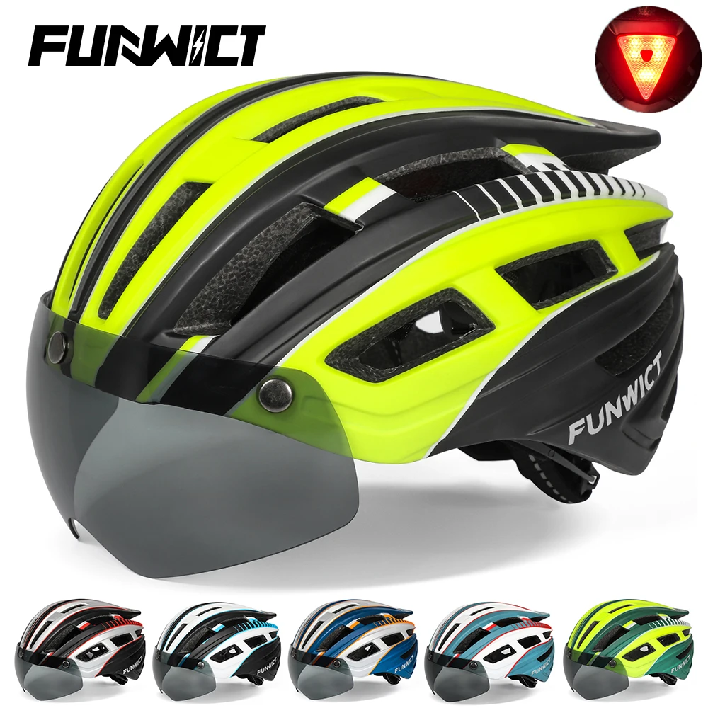 FUNWICT Casco da bicicletta MTB per uomo donna con occhiali Luce
