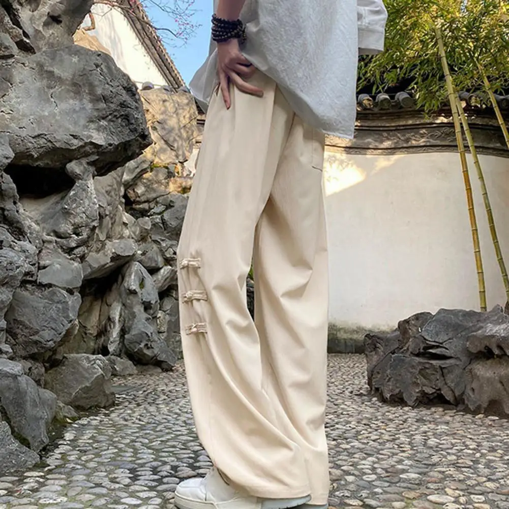 Description Picture 6 of itemChinese-style Strap Trousers Chinese Style Men's Tassel Knot Drawstring Pants with Wide Leg Elastic Waist Retro Inspired Solid