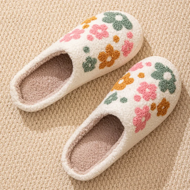 Fashion Flowers Pretty Bow Bear Women Slippers Autumn Winter Men Home Cute Cartoon Plush Sandals Couple Warm Cotton Flat Shoes 6