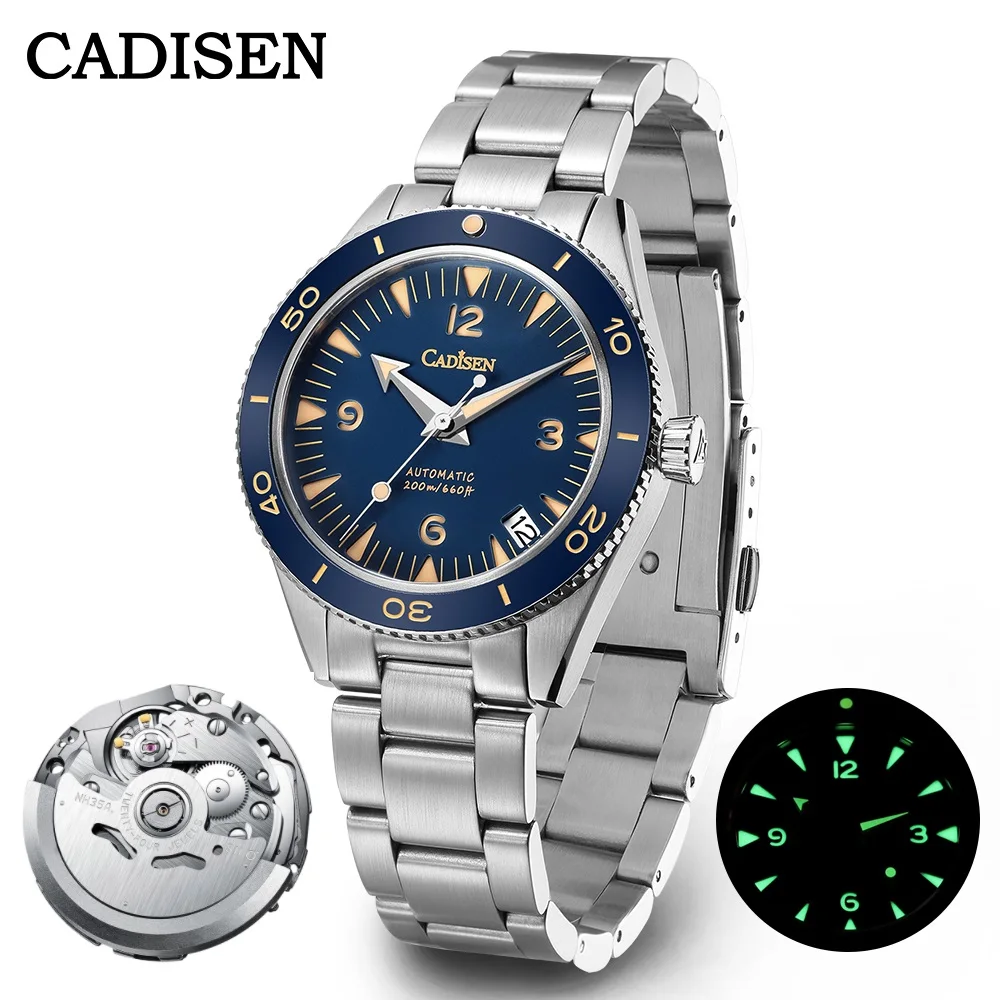 CADISEN New 38mm Men Automatic Mechanical Watches Top Brand Sapphire Stainless Steel C3 Luminous 200m Waterproof Reloj Hombre for apple watch 38mm milanese loop magnetic stainless steel watchband silver