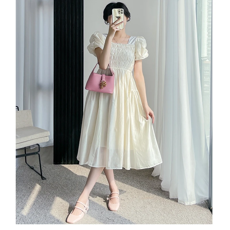 

2023 New French Dress Fish Bone Waist Women'S Summer Bubble Sleeve Square Neck Chiffon Free Shipping