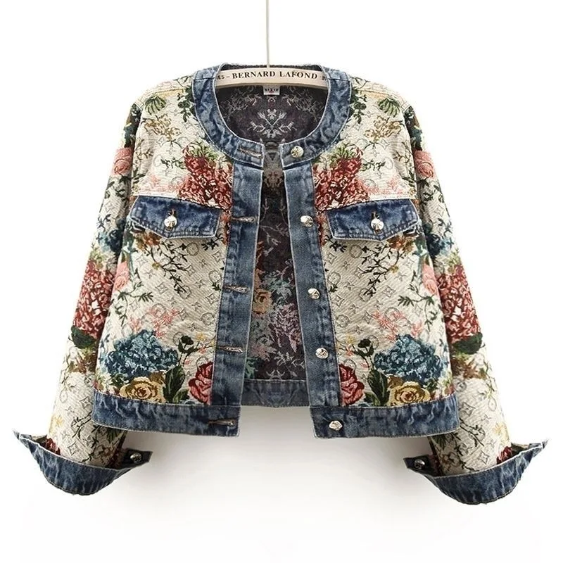 Chinese retro women's denim jacket spring new fashion temperament short Joker little jacket jacquard long-sleeved round neck