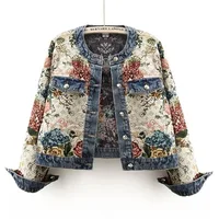 Chinese retro women's denim jacket spring new fashion temperament short Joker little jacket jacquard long-sleeved round neck