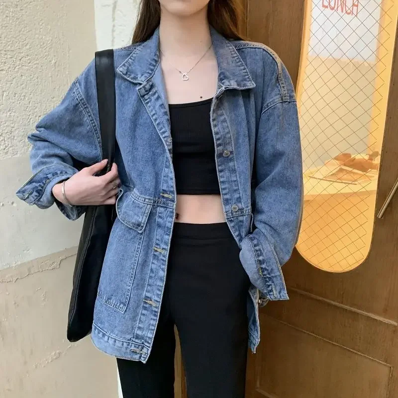 

S-2XL Women's Denim Jacket Korean Solid Lapel Long Sleeve Casual Blue Outwear Autumn Loose Jeans Cool Black Coats Female