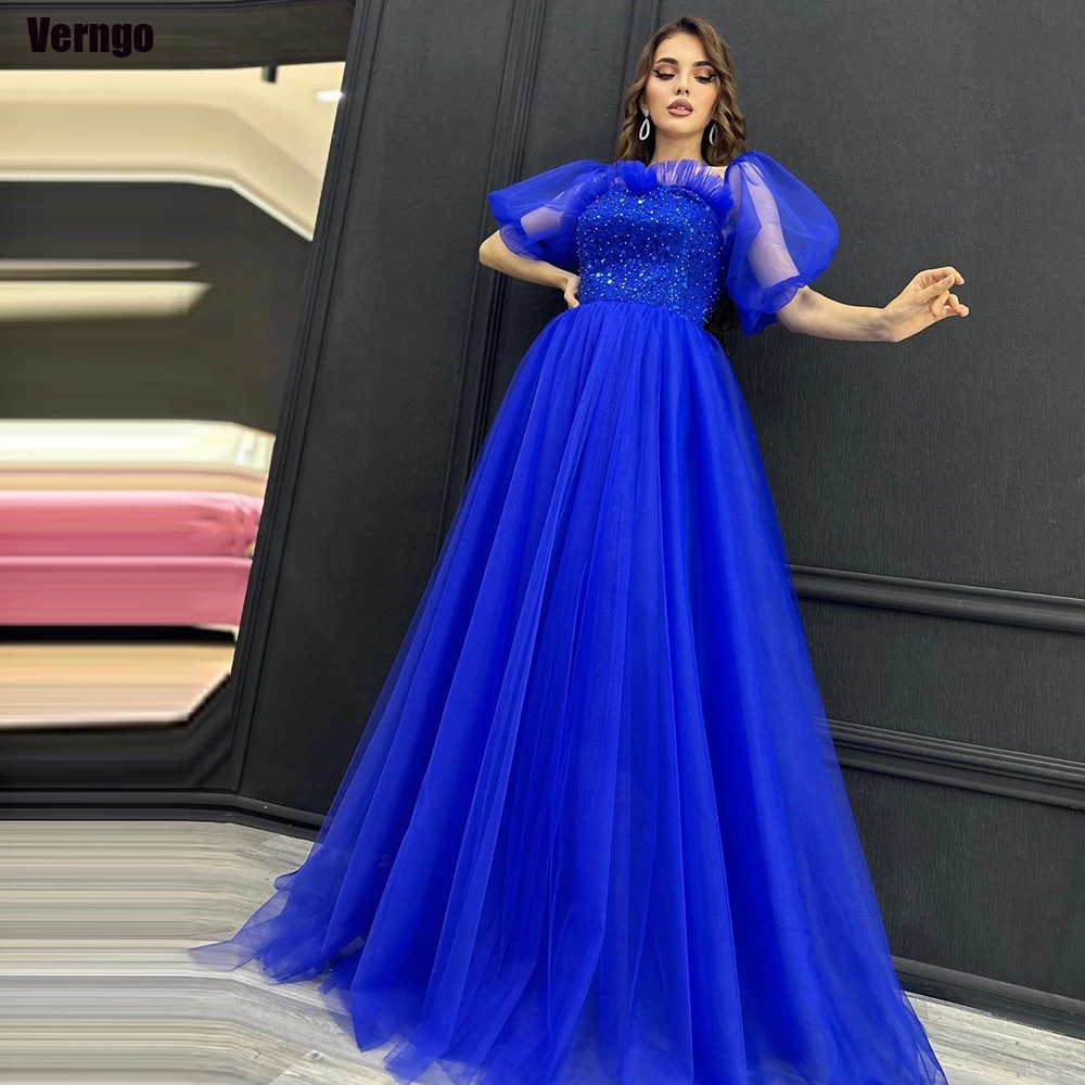 

Verngo A-line Tulle Evening Party Dresses Strapless Short Sleeves Prom Dress Floor-length Formal Occasion Gown Robe De Soirée