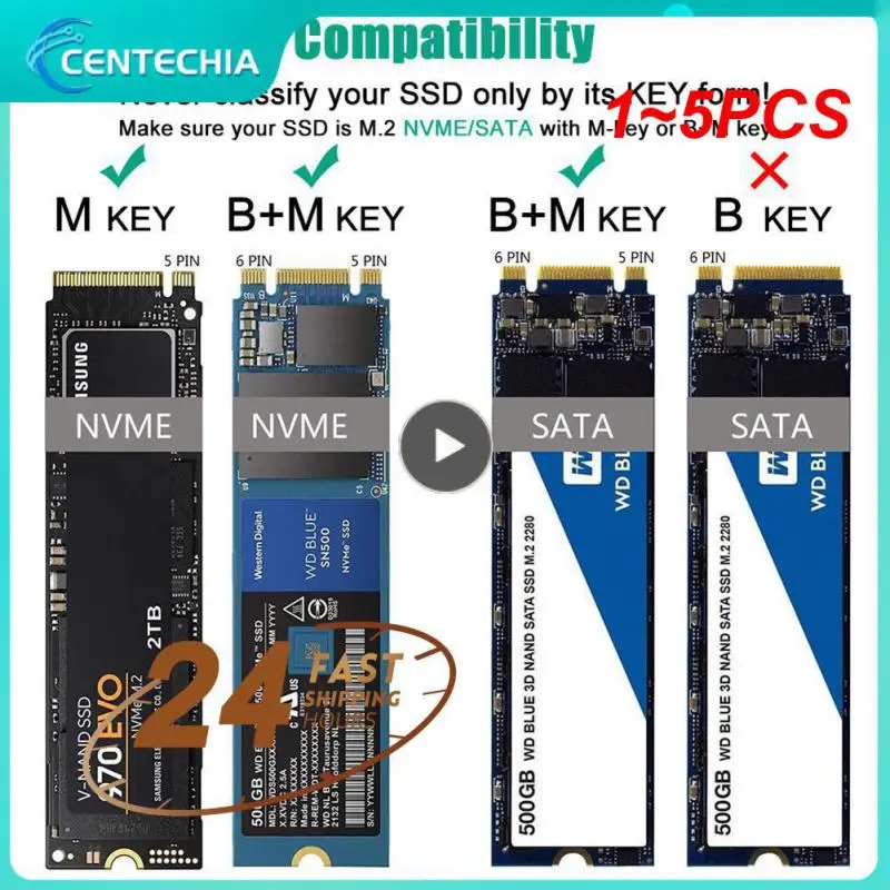 NVME 인클로저 3.1 SSD 어댑터, NVME PCIE NGFF SATA M/B 키 SSD 디스크 박스, M.2 SSD 케이스, M.2 to USB C타입, 1-5PCs