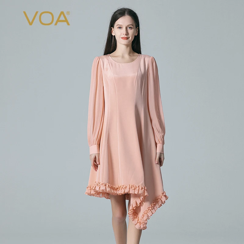 

Silk Elastic Heavy Crepe O-neck Splice Georgette Shirt Long Sleeve Asymmetrical Edible Tree Fungus Sweet Midi Dress AE1883