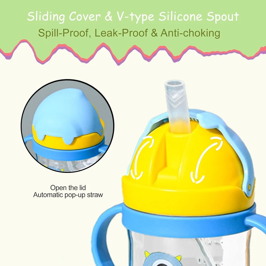 Cartoon Pattern Outdoor Child Drinking Bottle Straw Baby Feeding Cup Kids Training Portable Handle Water Bottle 250ML water bottle feeding bottle