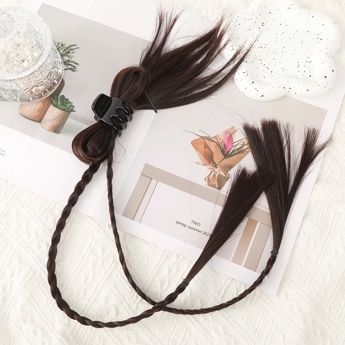 Y2k Wig Braids Hair Crab Clips For Women Hair Claw Hairpin Chicken Feather Boxing Braids Double Ponytail Hot Girl Dopamine Wig