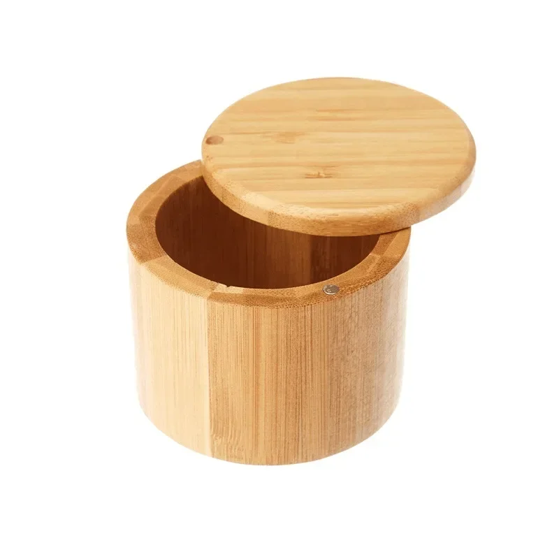 2Pcs Wooden Storage Boxes Salt Bamboo with Magnetic Swivel Lid Container for Kitchen Containers Spice Jar