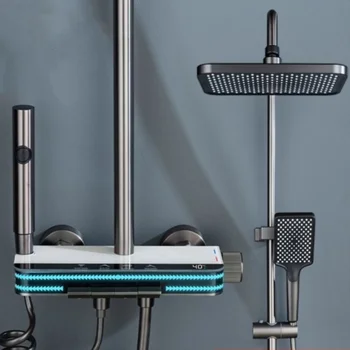 Set doccia caldo freddo con display digitale bianco Set sistema di rubinetti per doccia Set pulsante per pianoforte con luce ambientale Rubinetti per bagno Soffione doccia 1