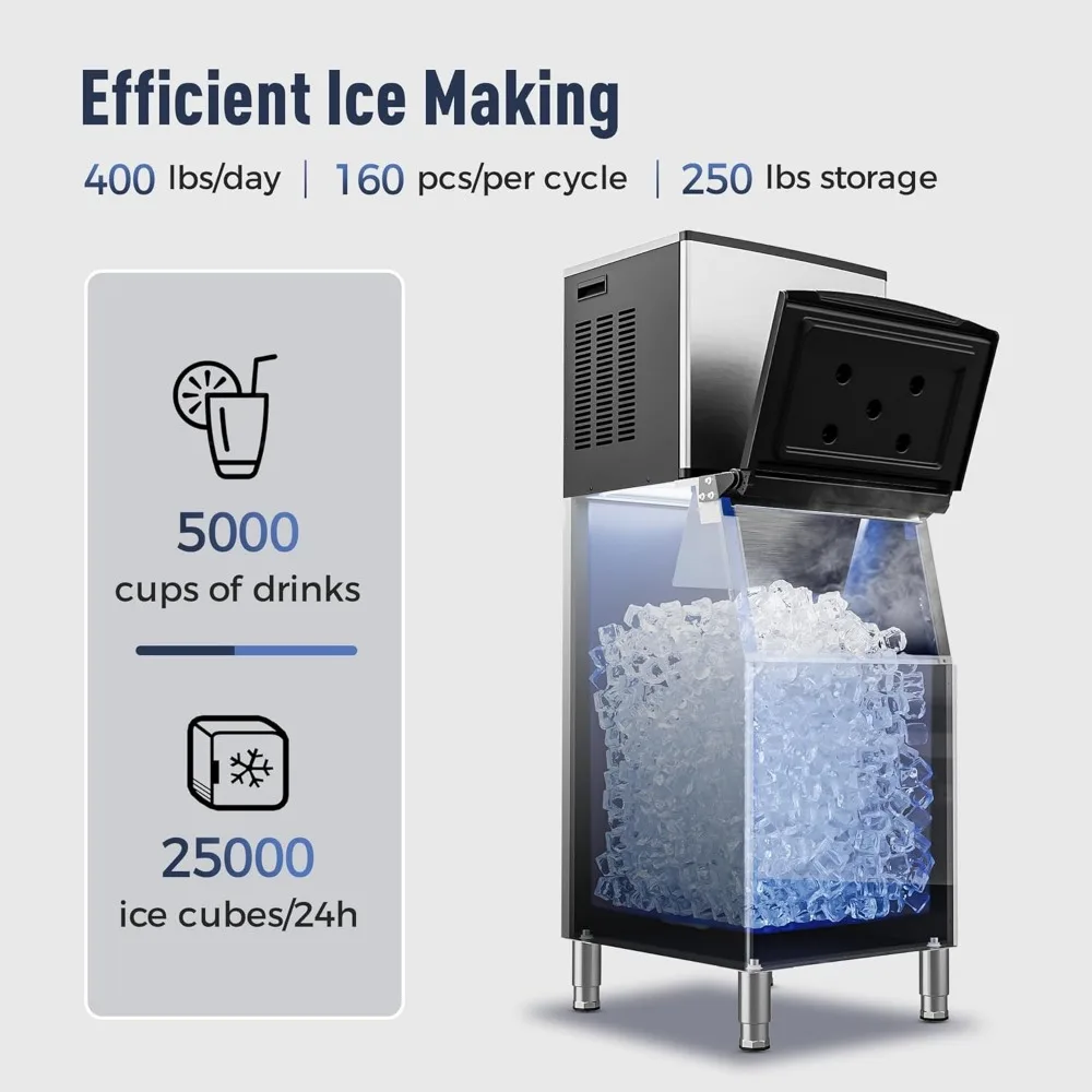Commercial ice maker, 400 pounds per day, SECOP compressor, 250 pounds storage, ice ready within 8 to 15 minutes