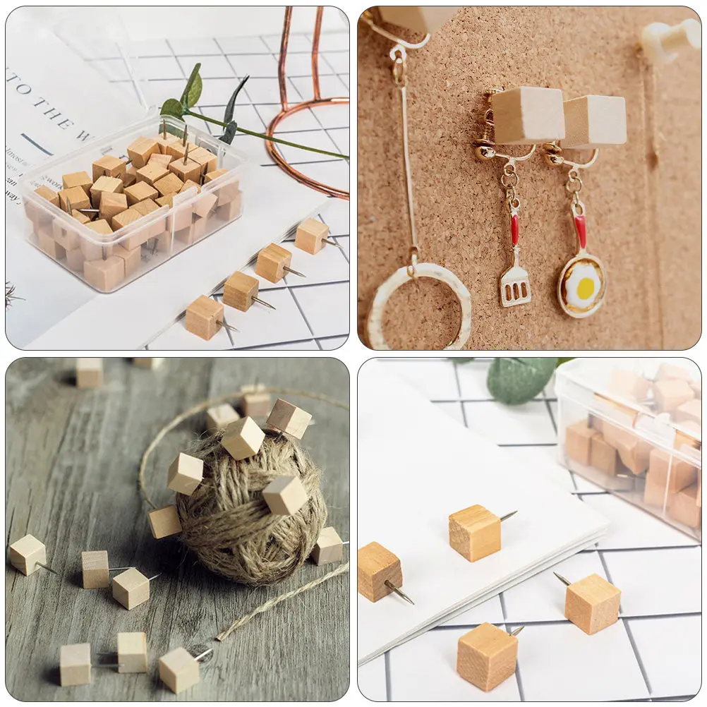 50개입 천연 나무 푸시핀 금속 바늘 포함 드라이월 포스터 사진 메모 지도 걸이용 장식 사무용품