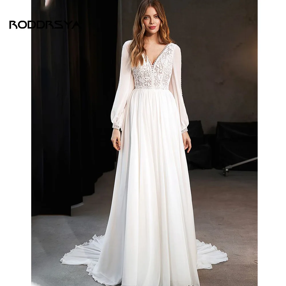 RODDRSYA Boho A Line Wedding Dress V Neck Lace Appliques Beadind Sleeve Chiffon Bride Gown Illusion Back Civil
