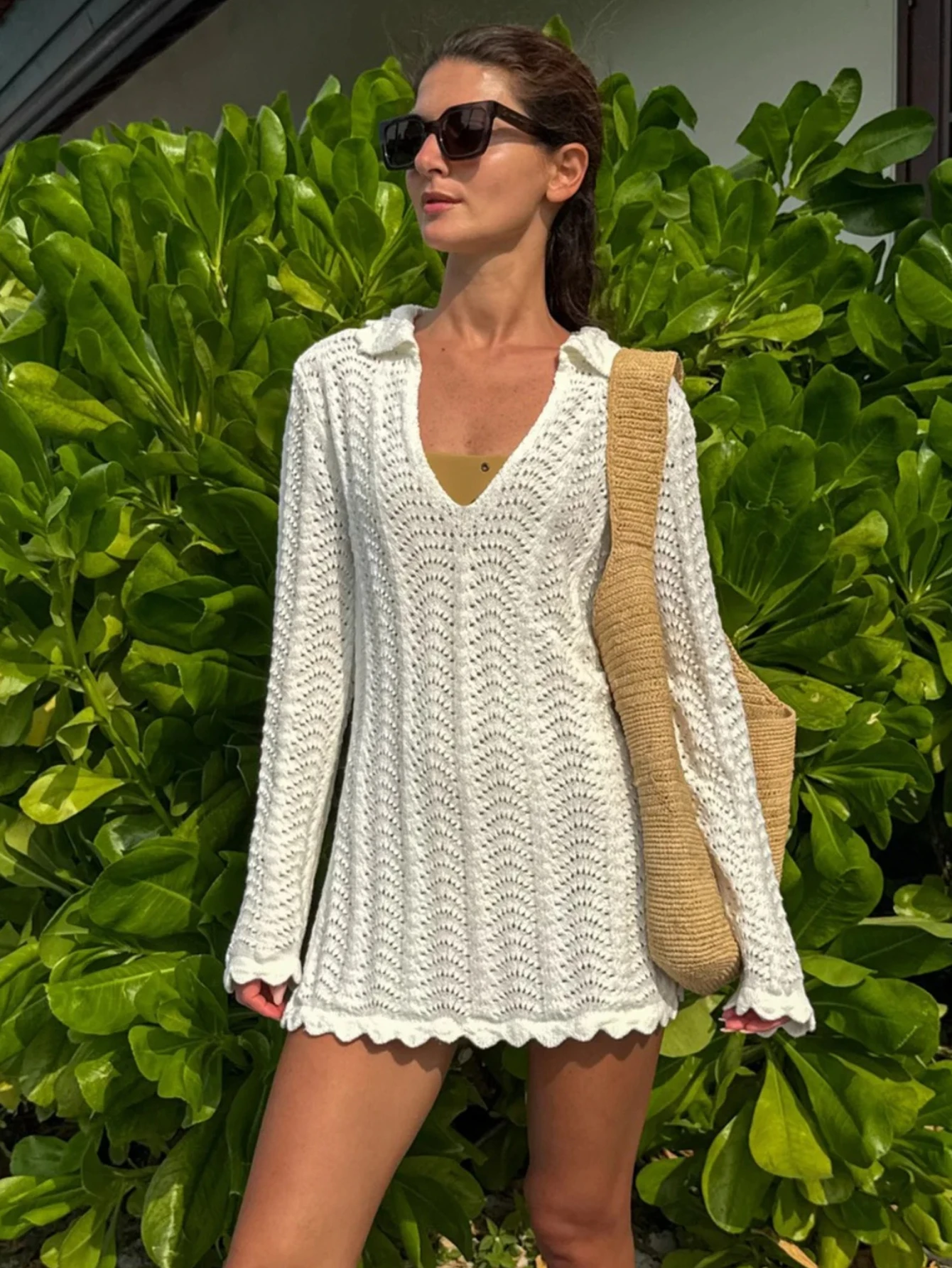 Sexy Hollow Out Loose Knit Beach Mini Dress 2026 Summer Women V Neck Long Sleeve Boho Wave Striped Swimsuit Cover Up Tunic K362 1