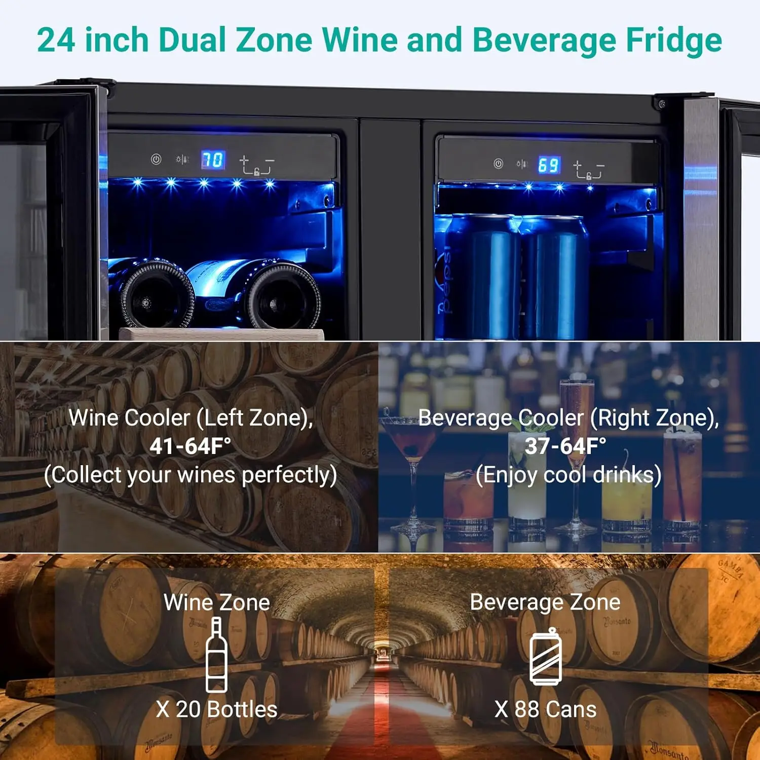 24 Inch Wine and Beverage Refrigerator, 20 Bottles & 88 Cans Wine Cooler with Dual Zone, Wine Fridge Built-In & Freestanding 3